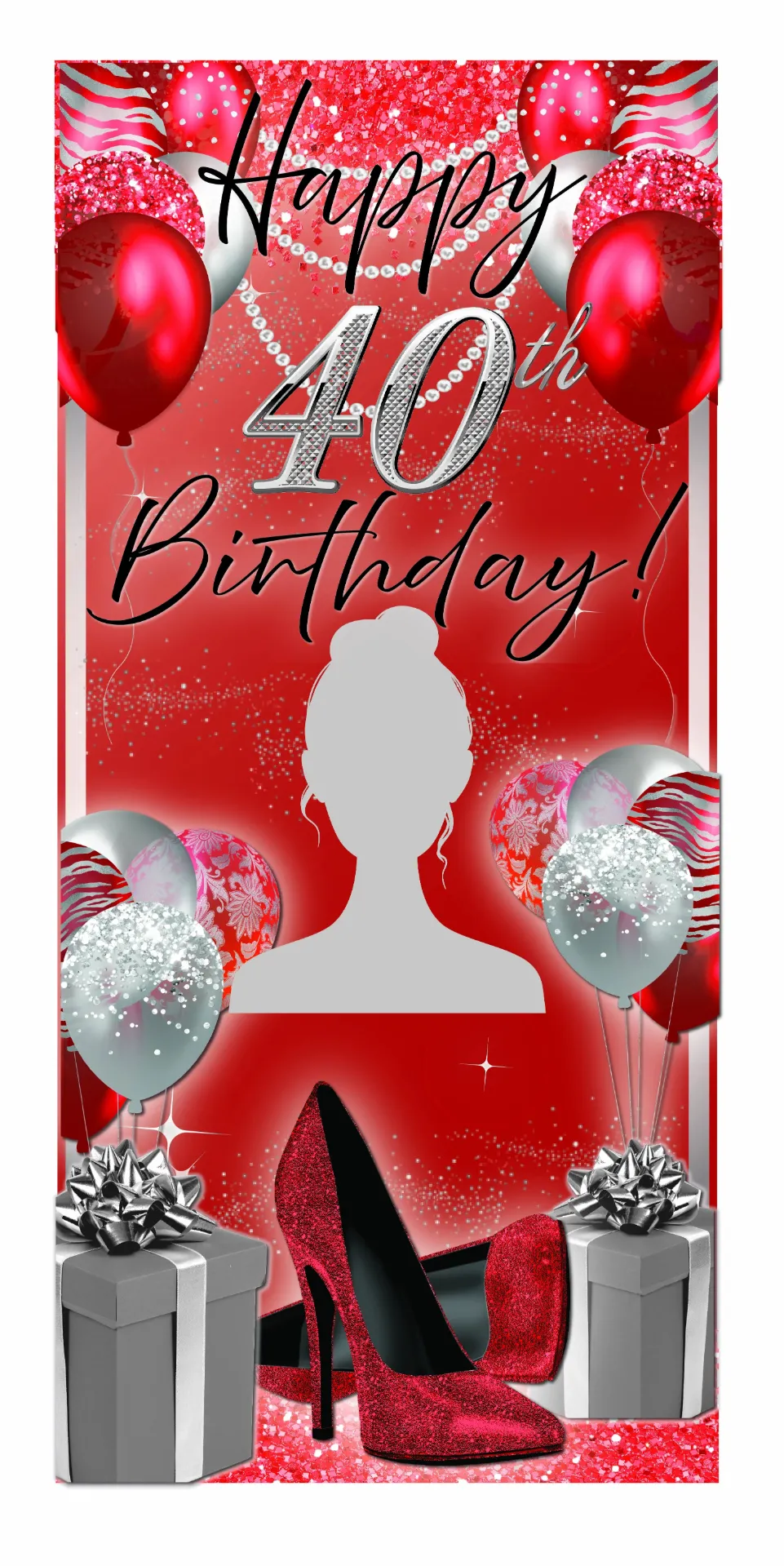 Celebration Banner Vertical (24in x 63in, Red Birthday w/Silver)