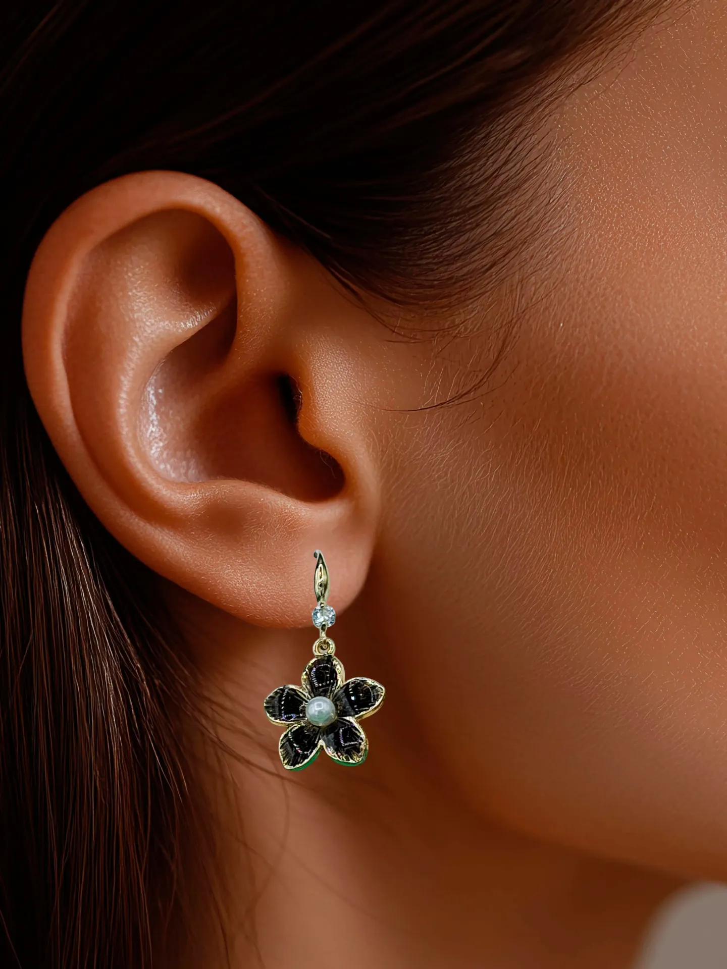 Hibiscus Dangle Earrings (Gold & Black)
